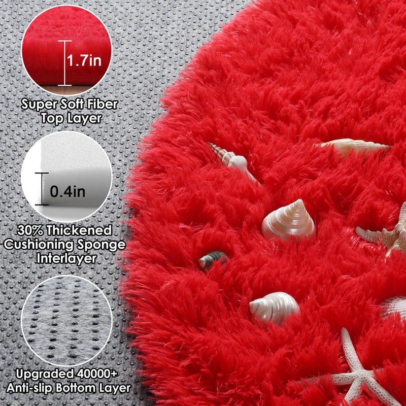 ONASAR Red Round Area Rug 4ft, Soft Bedroom Circle Rugs Floor Mat for Kids Girls Teen Room, Kawaii Fluffy Plush Shaggy Carpet for Nursery Living Room Playroom Christmas Home Decor Princess Castle - Image 2